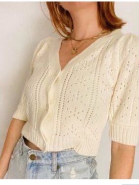 Storia Pointelle Puff Sleeve Cardigan Cream Cottagecore Boho Coquette Neutral L